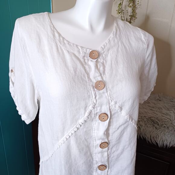 LOLA White Anthropologie LINEN Button Front Top Blouse Women's Made in Italy M/L - Picture 3 of 8